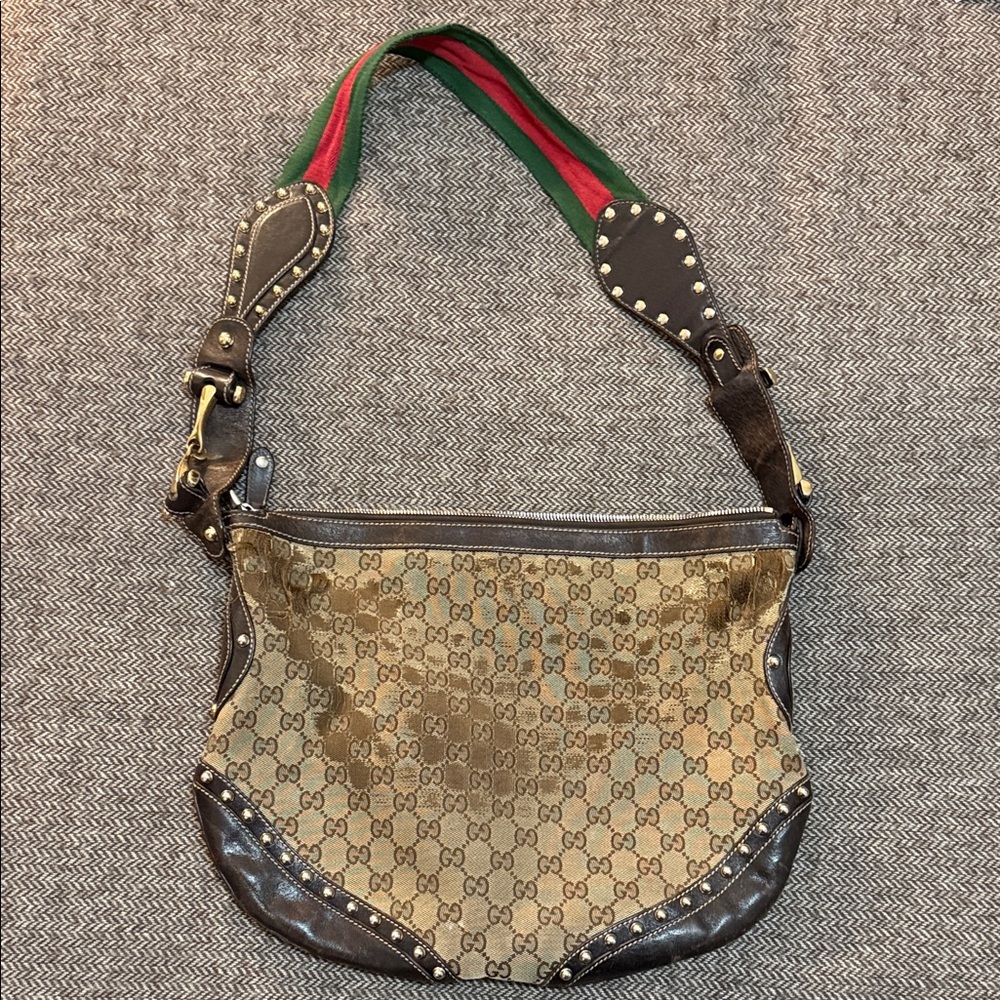 Gucci Pelham Shoulder Bag in GG canvas with Green/Red/Green Shoulder Strap